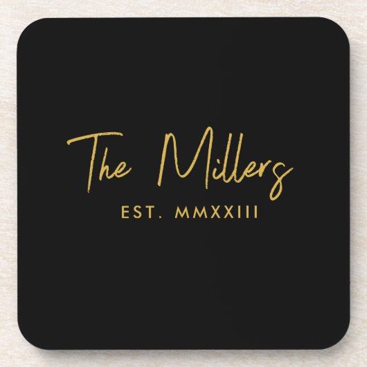 Modern Elegant Script Black and Gold Monogram コースター (正面)