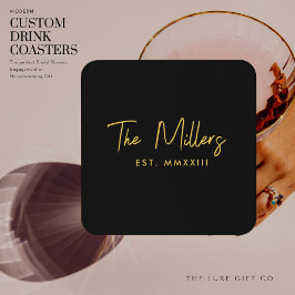 Modern Elegant Script Black and Gold Monogram コースター