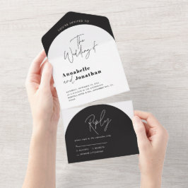 modern elegant script black and white arch wedding オールインワン招待状