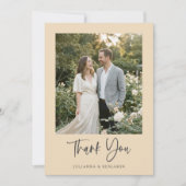 Modern Elegant Script Black Beige Photo Wedding サンキューカード (正面)