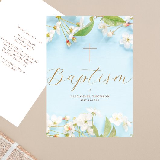 Modern Elegant Script Blue Flowery Cross Baptism 招待状