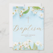 Modern Elegant Script Blue Flowery Cross Baptism 招待状 (正面)