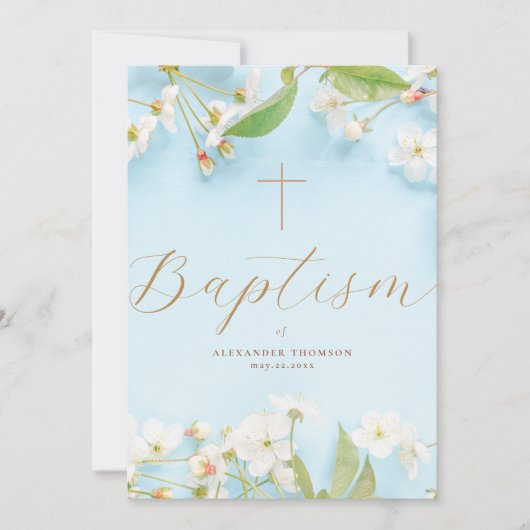 Modern Elegant Script Blue Flowery Cross Baptism 招待状 (正面)