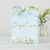 Modern Elegant Script Blue Flowery Cross Baptism 招待状 (スタンド正面)