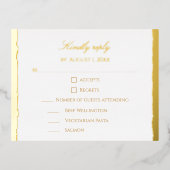Modern Elegant Script Gold & White Wedding RSVP 箔シーズンポストカード (正面)