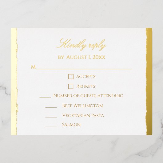 Modern Elegant Script Gold & White Wedding RSVP 箔シーズンポストカード (正面)