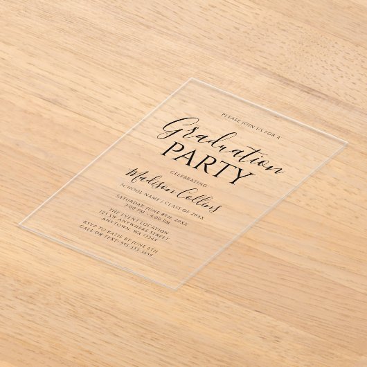 Modern Elegant Script Graduation Party アクリル招待状 (レイダウン)