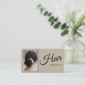 Modern Elegant Script Hair Stylist Beige  名刺 (スタンド正面)