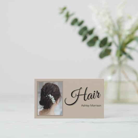 Modern Elegant Script Hair Stylist Beige  名刺 (スタンド正面)