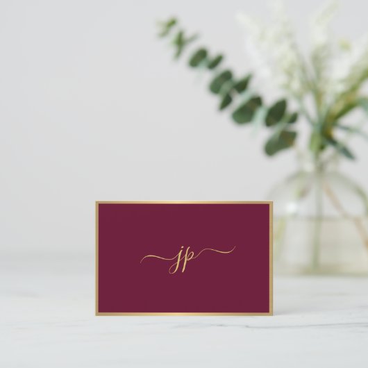 Modern Elegant Script Monogram Bordeaux Gold Euro 名刺 (スタンド正面)