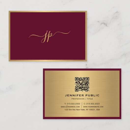 Modern Elegant Script Monogram Bordeaux Gold Euro 名刺 (正面/裏面)