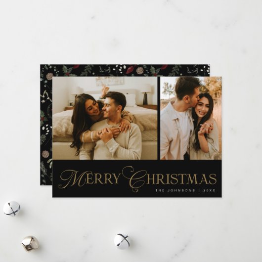 Modern Elegant Script Photo Collage Christmas シーズンカード (正面/裏面インサイチュ)