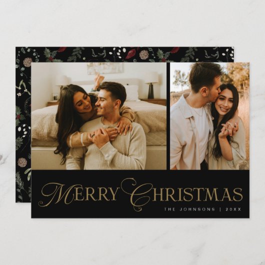 Modern Elegant Script Photo Collage Christmas シーズンカード (正面/裏面)
