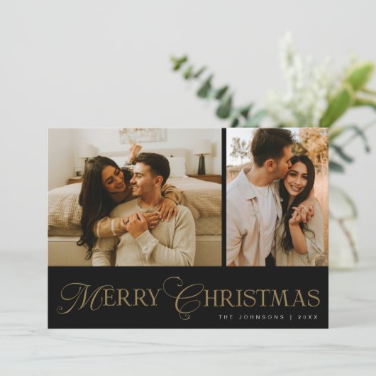 Modern Elegant Script Photo Collage Christmas シーズンカード (スタンド正面)
