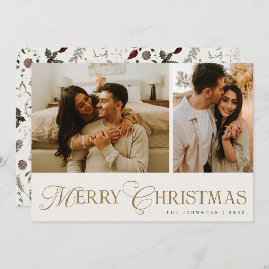 Modern Elegant Script Photo Collage Christmas シーズンカード (正面/裏面)