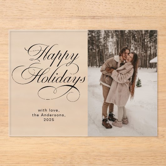 Modern Elegant Script Photo Collage Christmas Card アクリル招待状 (正面)