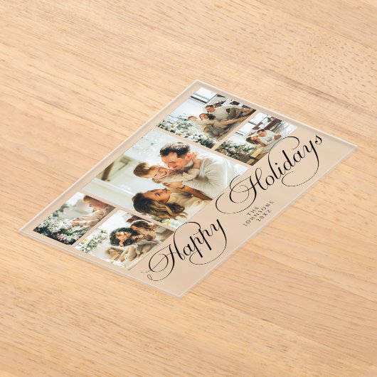 Modern Elegant Script Photo Collage Christmas Card アクリル招待状 (レイダウン)