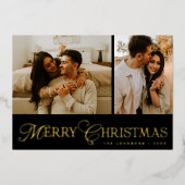 Modern Elegant Script Photo Collage Gold Christmas 箔シーズンカード (正面)