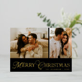 Modern Elegant Script Photo Collage Gold Christmas 箔シーズンカード (立ち正面)