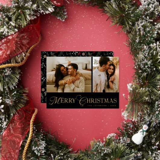 Modern Elegant Script Photo Collage Gold Christmas 箔シーズンカード (インサイチュ)