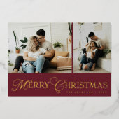 Modern Elegant Script Photo Collage Gold Christmas 箔シーズンカード (正面)