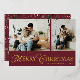 Modern Elegant Script Photo Collage Gold Christmas 箔シーズンカード