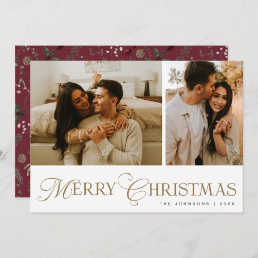 Modern Elegant Script Photo Collage Red Christmas シーズンカード (正面/裏面)