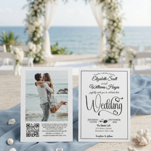 Modern Elegant Script QR Code Photo Budget Wedding 招待状
