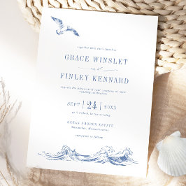 Modern Elegant Seaside Coastal Blue Wedding 招待状