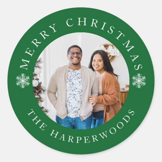 Modern Elegant Snowflakes Christmas Family 1 Photo ラウンドシール (正面)