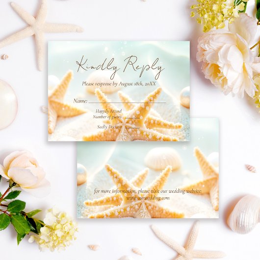 Modern Elegant Starfish Shells Ocean Beach Wedding 出欠カード
