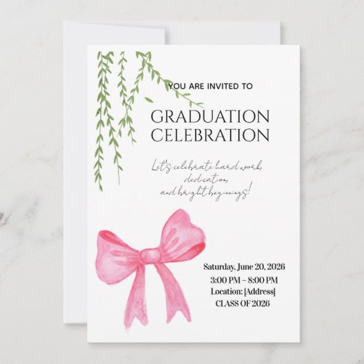 Modern Elegant Stylish Pink Bow Graduation  招待状 (正面)