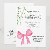 Modern Elegant Stylish Pink Bow Graduation  招待状 (正面/裏面)
