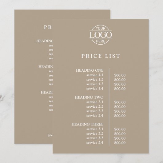 Modern Elegant Taupe Business Logo Menu Price List シーズンカード (正面/裏面)
