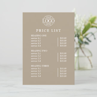 Modern Elegant Taupe Logo Service Menu Price List シーズンカード