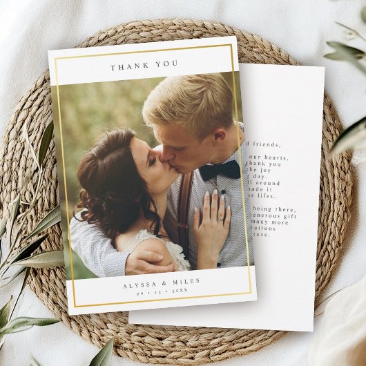Modern Elegant Typography Gold Frame Wedding Photo サンキューカード
