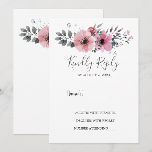 Modern elegant watercolor flowers Wedding RSVP 招待状 (正面/裏面)