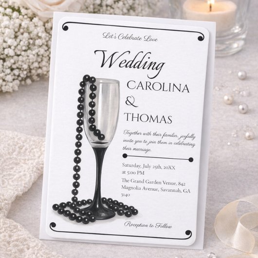 Modern Elegant Wedding Invitation Black Pearl 招待状
