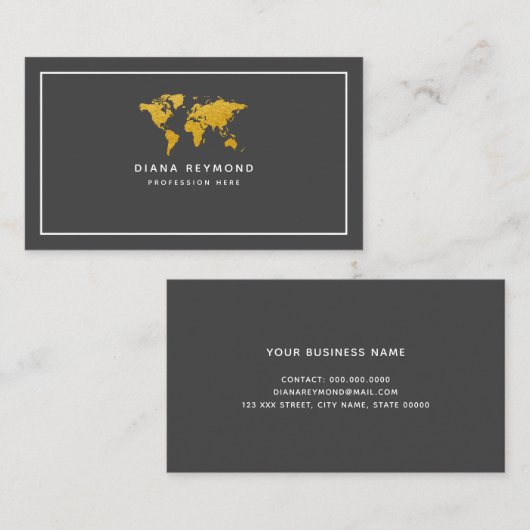 Modern Elegant World Map Dark-Gray 名刺 (正面/裏面)