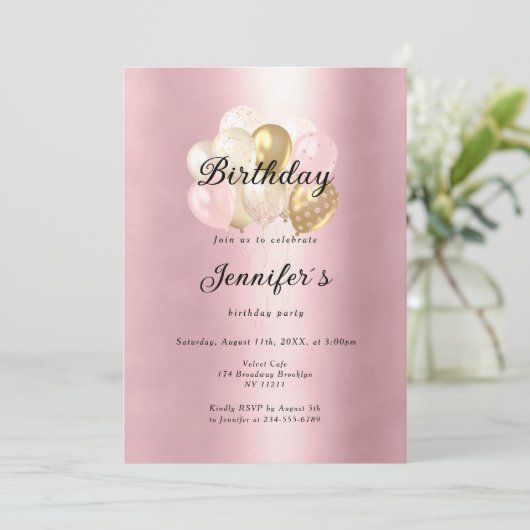 Modern, elegante Luftballon Gold Rosa Einladung 招待状 (スタンド正面)