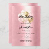 Modern, elegante Luftballon Gold Rosa Einladung 招待状 (正面/裏面)