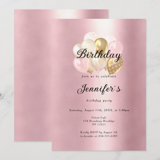 Modern, elegante Luftballon Gold Rosa Einladung 招待状 (正面/裏面)