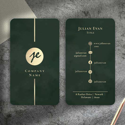 Modern Emerald Dark Green Luxe Monogram 名刺
