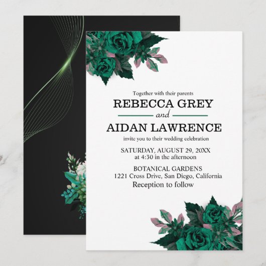 Modern Emerald Floral Garden Wedding Invitation 招待状 (正面/裏面)