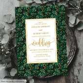 Modern Emerald Gold Greenery Wedding Invitation 招待状