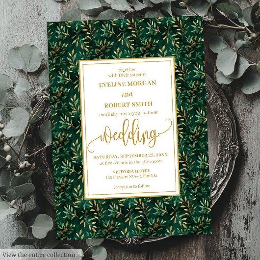 Modern Emerald Gold Greenery Wedding Invitation 招待状