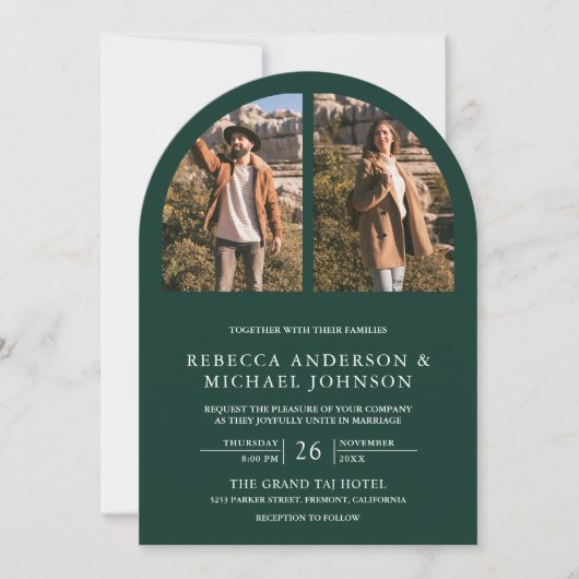 Modern Emerald Green Arch Photo QR Code Wedding 招待状 (正面)