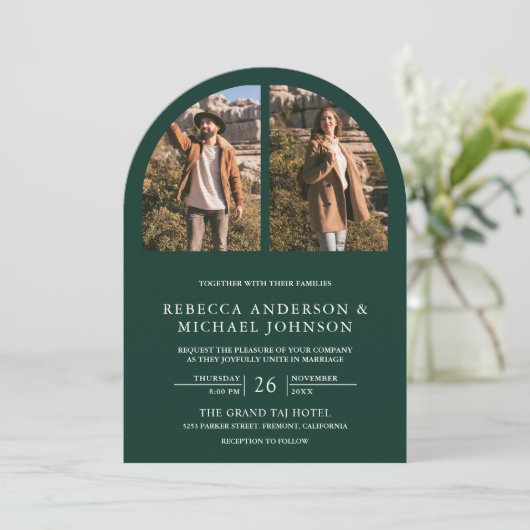 Modern Emerald Green Arch Photo QR Code Wedding 招待状 (スタンド正面)