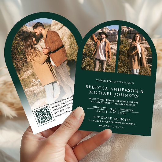 Modern Emerald Green Arch Photo QR Code Wedding 招待状