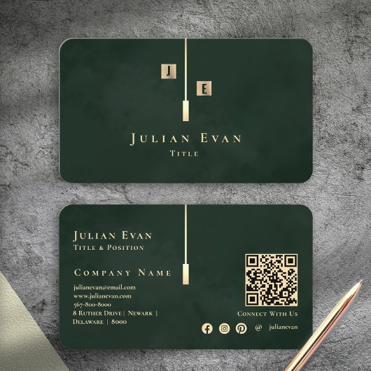 Modern Emerald Green Gold Monogram Business Card 名刺